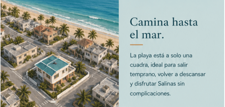 Coastal neighborhood illustration showing the beach nearby